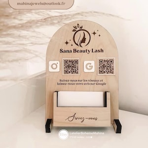 Pancarte réseaux sociaux et avis Google personnalisée avec logo – Support carte de visite en bois – QR code boutique, salon, marché pro
