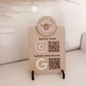 Pancarte avis Google Instagram personnalisée – Plaque boutique avec QR code et logo  – Demande d’avis client pour commerce, salon ou stand