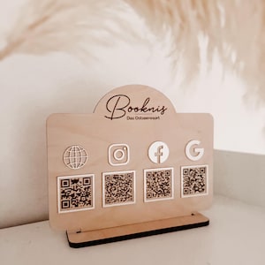Cartello personalizzato per social media e sito web con logo – Porta biglietti da visita in legno – Codice QR per negozio, fiera, mercato professionale