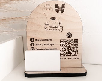 Pancarte réseaux sociaux pour entreprise personnalisée en bois avec carte de visite