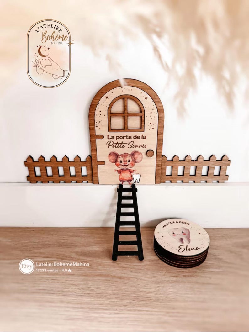Tooth Fairy Door + Personalized Children's Tooth Box – Magic Door with Ladder, Color Engraving, Tooth Drop Gift, Childhood Keepsake image 2