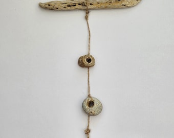 Handcrafted unique hanging driftwood & hagstone mobile coastal decoration