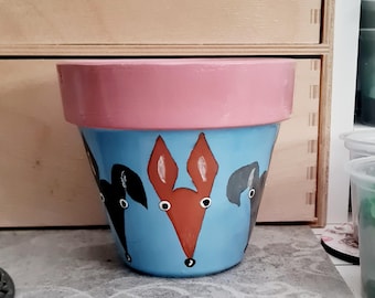 Handpainted unique Dog Greyhound/Whippet/lurcher cartoon colourful terracotta plant pot gift pastel pink/blue 2 sizes. Names can be added!