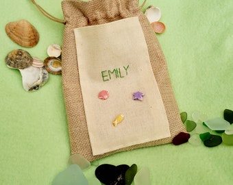 Personalised Embroided Named Seaglass, Shell, Beach Treasures, Marble, Hobby, Toy, Bag. Twin Pouch