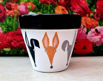 Handpainted Greyhound Plant Pot: Colorful Cartoon Dog Terracotta Planter, Custom Name Available