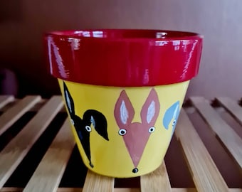 Handpainted unique Dog Greyhound/Whippet/lurcher cartoon colourful terracotta plant pot gift yellow/red 2 sizes. Names can be added!