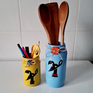 Handpainted unique Dog Greyhound/Whippet/lurcher cartoon colourful Utensil Pot holder/Pen pot/ Vase Gift. Can be personalised yellow/Blue