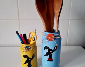 Handpainted unique Dog Greyhound/Whippet/lurcher cartoon colourful Utensil Pot holder/Pen pot/ Vase Gift. Can be personalised yellow/Blue