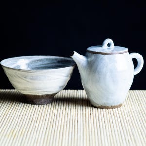 Teaset | Teapot & Teacup | 145ml - Gongfu set with brushed Porcelain Slip - Handmade Ceramic Kyusu Teapot and Teabowl - Teaware gift