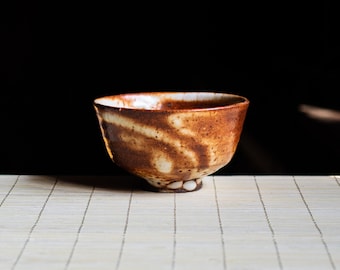 Soda fired, Traditional Guinomi teabowl with Orange Shino glaze, Ceramic Gongfu Cup, Japanese-style handmade teacup, perfect for tea