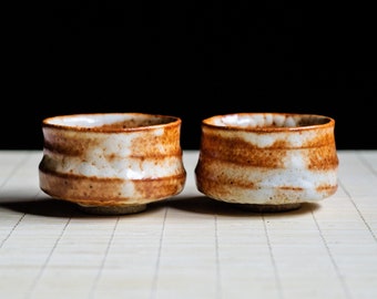 Set of two soda fired Traditional Sake cups with Shino glaze, Gong-fu cup, Ceramic Japanese Gongfu Cup, Small teacup Guinomi, Espresso cup