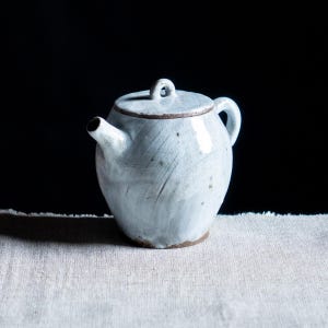 Op de afbeelding: Een lichtblauwe keramische theepot met een glanzende, craquelé glazuurafwerking. De theepot heeft een rond lichaam, een korte tuit, een gebogen handvat en een bijpassend deksel met een kleine lusvormige greep, voorzien van subtiele bruine spikkels.