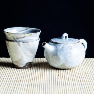 Porcelain Teaset, Teapot & 2 Teacups | 115ml - Gongfu set with brushed Porcelain Slip - Handmade Ceramic Kyusu Teapot and cups, Teaware gift