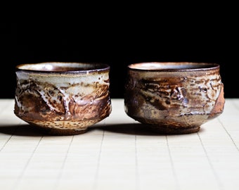 Set of two Traditional Sake cups with Shino glaze, Gong-fu cup, Ceramic Japanese Gongfu Cup, Small teacup Guinomi, Espresso cup