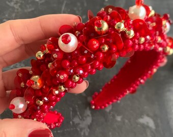Red Headband, Pearl Headband, Henna Night Hair Accessory, Crown For Brides, Embellished Padded Headband, Beaded puffy hair band, Rhinestone