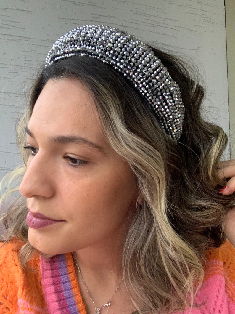 Crystal Headband, Rhinestone Headband, Crystal Headpiece, Crystal Headband For Woman, Crystal Hair Band, Gray Headband, Wide Headband, Crown image 4