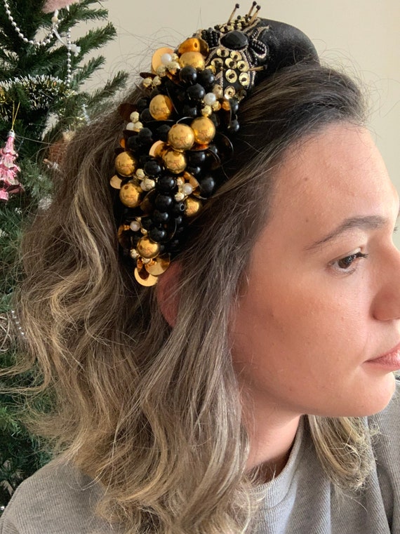 Black Velvet Headband, Handmade Headband, Sequin Headband 