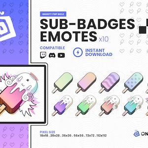 May include: A set of 10 animated popsicle emotes with different colors and designs. The emotes are compatible with Twitch and YouTube. The text "GHOSTY POPSICLE" and "SUB-BADGES EMOTES x10" is displayed at the top of the image. The text "INSTANT DOWNLOAD" is displayed in a lightning bolt icon.