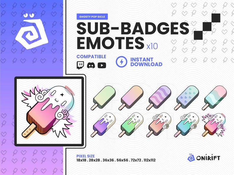 May include: A set of 10 animated popsicle emotes with different colors and designs. The emotes are compatible with Twitch and YouTube. The text "GHOSTY POPSICLE" and "SUB-BADGES EMOTES x10" is displayed at the top of the image. The text "INSTANT DOWNLOAD" is displayed in a lightning bolt icon.