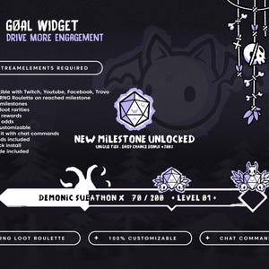 Puede incluir: Gr&aacute;fico morado oscuro con el texto "Goal Widget" y "Drive More Engagement". Incluye una lista de funciones, una pancarta "New Milestone Unlocked" y una barra de progreso etiquetada "Demonic Sueathon X". El dise&ntilde;o tiene un tema g&oacute;tico.