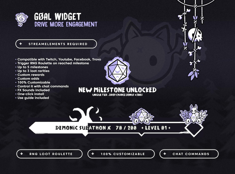 Puede incluir: Gr&aacute;fico morado oscuro con el texto "Goal Widget" y "Drive More Engagement". Incluye una lista de funciones, una pancarta "New Milestone Unlocked" y una barra de progreso etiquetada "Demonic Sueathon X". El dise&ntilde;o tiene un tema g&oacute;tico.
