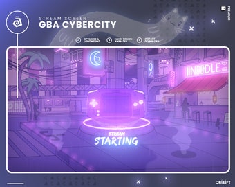 4 Animated Stream Screens - TWITCH, YOUTUBE - Cybercity GBA Console Hologram - Cyberpunk Gaming City Neon, Retro Futuristic, Purple and Pink