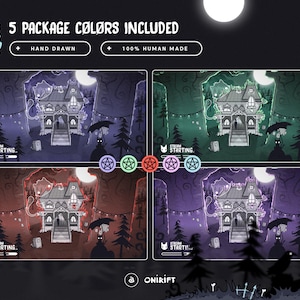 May include: An illustration showcasing a haunted house in five different color schemes: purple, green, red, and two shades of purple. The image includes text that reads "5 PACKAGE COLORS INCLUDED", "HAND DRAWN", and "100% HUMAN MADE".