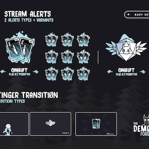 May include: Dark gray graphic design for stream alerts and transitions. The design includes playing cards, a dice with a skull, and the text "STREAM ALERTS" and "THE DEMONIC FOREST".