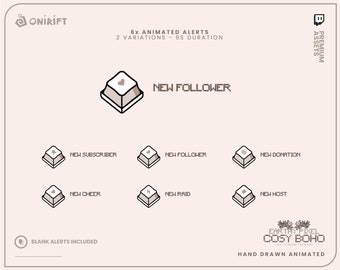 May include: Six animated alerts for Twitch streams, featuring a new follower, subscriber, cheer, raid, host, and donation. Each alert is a cartoon-style keyboard key with a different icon. The alerts are hand-drawn and animated.