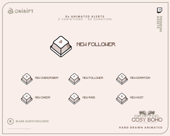 Cute Animated ALERTS for TWITCH or YOUTUBE - Earth tones - Catchy Keyboard Caps - Pixels Icons - Beige and Brown Stream Graphics