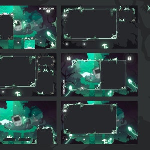 May include: A set of 4 green and white Twitch stream overlays with a forest theme. The overlays feature glowing mushrooms, vines, and a retro video game console. The text "INTERMISSION" and "XII PREMADE OVERLAYS" are visible in the image.