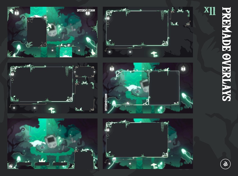 May include: A set of 4 green and white Twitch stream overlays with a forest theme. The overlays feature glowing mushrooms, vines, and a retro video game console. The text "INTERMISSION" and "XII PREMADE OVERLAYS" are visible in the image.