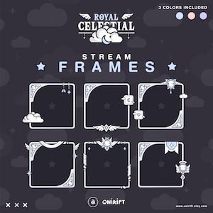 Op de afbeelding: Zes verschillende Twitch-streamframes met een hemels thema. Elk frame heeft een ander ontwerp met wolken, sterren en hemelse elementen. De frames zijn in een lichtblauw en wit kleurenschema. De tekst "Royal Celestial Stream Frames" staat bovenaan de afbeelding.