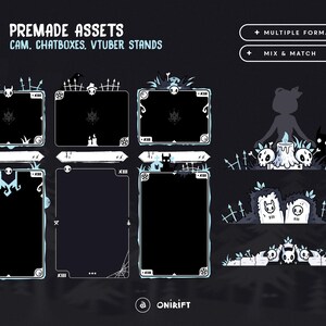 May include: Premade assets for cam, chatboxes, and VTuber stands. The image features various black and white designs with spooky themes, including skulls, tombstones, and a silhouette of a person. The text includes "Multiple Formats" and "Mix & Match".
