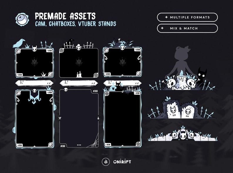 May include: Premade assets for cam, chatboxes, and VTuber stands. The image features various black and white designs with spooky themes, including skulls, tombstones, and a silhouette of a person. The text includes "Multiple Formats" and "Mix & Match".