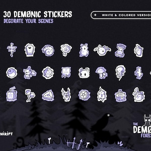 Puede incluir: Una colecci&oacute;n de 30 pegatinas demon&iacute;acas con versiones en blanco y color, perfectas para decorar escenas. Las pegatinas presentan varias ilustraciones de tem&aacute;tica g&oacute;tica y espeluznante, incluyendo calaveras, ata&uacute;des y otros dise&ntilde;os inquietantes. Se muestra el texto "30 DEM&Oslash;NIC STICKERS DECORATE YOUR SCENES".