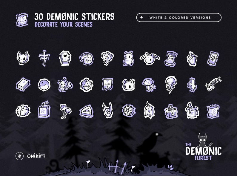 Puede incluir: Una colecci&oacute;n de 30 pegatinas demon&iacute;acas con versiones en blanco y color, perfectas para decorar escenas. Las pegatinas presentan varias ilustraciones de tem&aacute;tica g&oacute;tica y espeluznante, incluyendo calaveras, ata&uacute;des y otros dise&ntilde;os inquietantes. Se muestra el texto "30 DEM&Oslash;NIC STICKERS DECORATE YOUR SCENES".