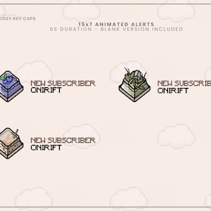 May include: Three animated Twitch alerts for new subscribers. Each alert features a different design: a blueberry, a potted plant, and a cup of coffee. The alerts are 15x7 pixels and have a 6-second duration. A blank version is also included.