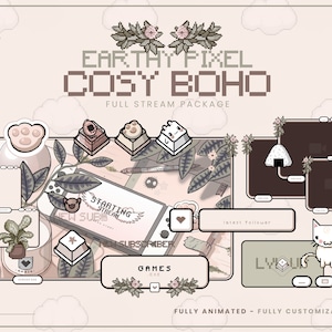 Cosy Boho Bohemian Streaming package for TWITCH - YOUTUBE, Earth Tones - Pixel, Plants and Zen vibes, Overlay, Alert, Panel, Beige and Green