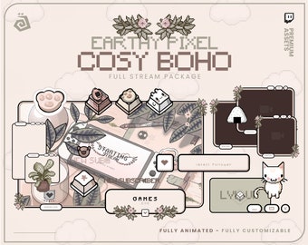 Gemütliches Boho Boho Streaming Paket für TWITCH - YOUTUBE, Earth Tones - Pixel, Plants and Zen vibes, Overlay, Alert, Panel, Beige und Grün