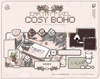 Cosy Boho Bohemian Streaming package for TWITCH - YOUTUBE, Earth Tones - Pixel, Plants and Zen vibes, Overlay, Alert, Panel, Beige and Green