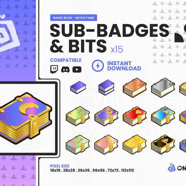 Witch Book * Magic Tome TWITCH SUB BADGE & Bits x15 Loyalty Badge, Graphics for Streamers