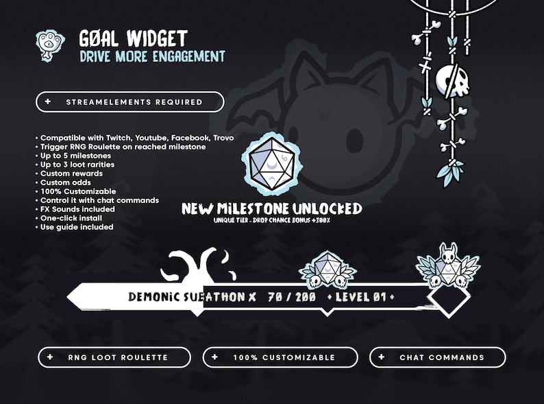 May include: A digital graphic for a goal widget, featuring a dark background with white and light blue accents. The text reads "Goal Widget" and "Drive More Engagement." Includes a progress bar, milestone details, and customization options for streaming platforms.