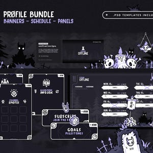 Puede incluir: Un paquete de perfil p&uacute;rpura oscuro con banners, horarios y paneles. El dise&ntilde;o presenta un tema espeluznante con calaveras, velas y un cementerio. Incluye plantillas PSD. El texto incluye "Profile Bundle", "Banners - Schedule - Panels" y "Channel Emotes".