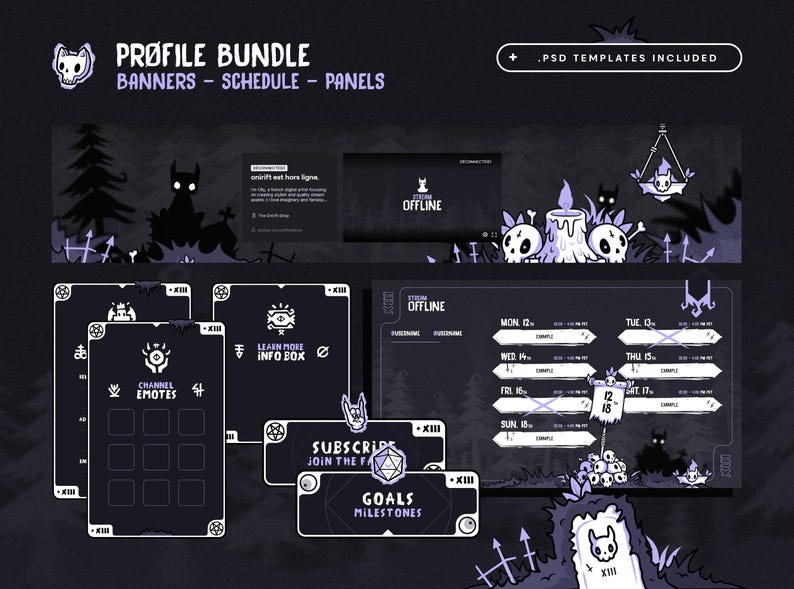 Puede incluir: Un paquete de perfil p&uacute;rpura oscuro con banners, horarios y paneles. El dise&ntilde;o presenta un tema espeluznante con calaveras, velas y un cementerio. Incluye plantillas PSD. El texto incluye "Profile Bundle", "Banners - Schedule - Panels" y "Channel Emotes".