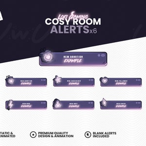 May include: Six animated Twitch alerts in a purple and pink color scheme with a lofi gaming theme. The alerts include a new donation, new subscriber, new follower, new raid, new host, and new cheer.