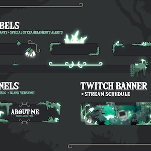 May include: A set of Twitch stream overlays with a forest theme. The overlays feature glowing green mushrooms, vines, and lanterns. The text "LABELS", "PANELS", "ABOUT ME", and "TWITCH BANNER + STREAM SCHEDULE" is included in the image.
