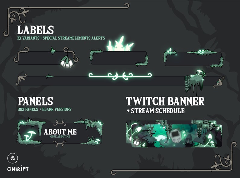 May include: A set of Twitch stream overlays with a forest theme. The overlays feature glowing green mushrooms, vines, and lanterns. The text "LABELS", "PANELS", "ABOUT ME", and "TWITCH BANNER + STREAM SCHEDULE" is included in the image.