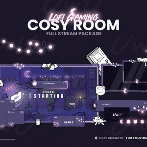 Cosy Lofi Gaming Room Stream Package for TWITCH, YOUTUBE - Uwu Night vibes - Stream Screen, Overlay, Alert and Panel - Purple and Pink Neon