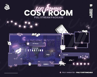Cosy Lofi Gaming Room Stream Package for TWITCH, YOUTUBE - Uwu Night vibes - Stream Screen, Overlay, Alert and Panel - Purple and Pink Neon